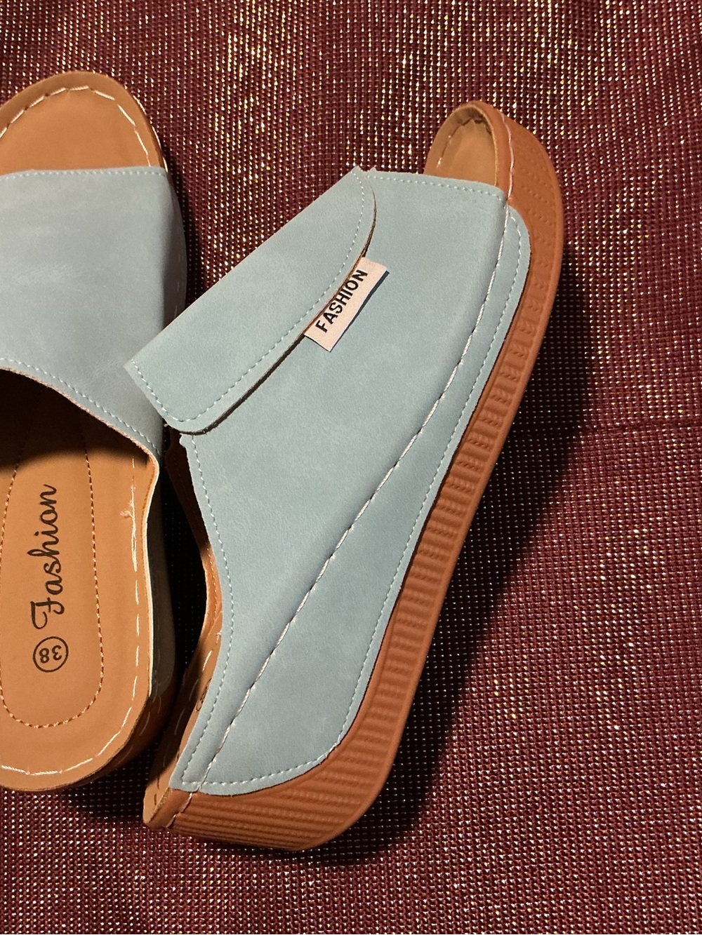 Louis Vuitton Light Blue Slip-On Wedge Sandals with Tan Sole